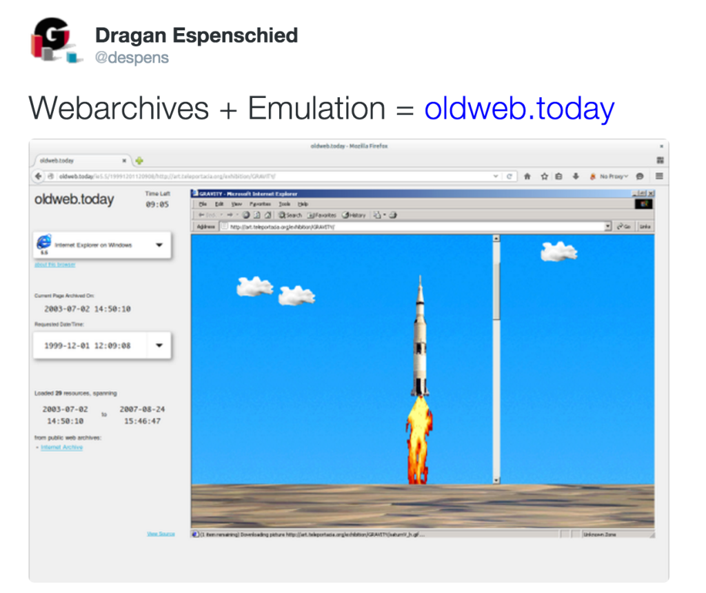 tweet from @despens: webarchives+emulation=oldweb.today